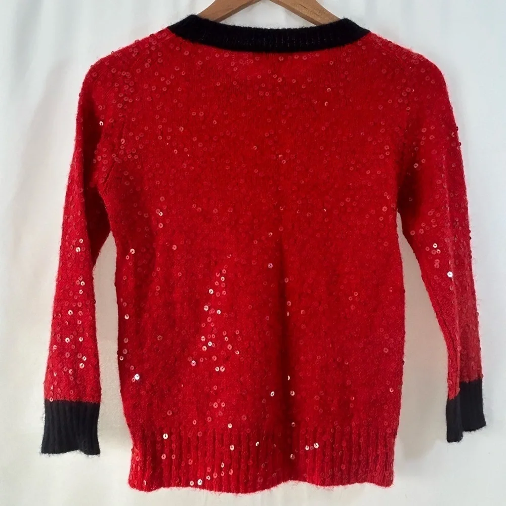 J.Crew Women’s Crew Neck Sweater Red Sequins and Blue Trim 3/4 Sleeves Small